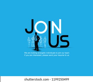 Join us design with chosen businessman silhouette blue background hand drawing style