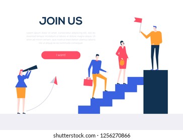 Join us - flat design style colorful web banner on white background with copy space for text. Unusual composition with male, female colleagues, company staff going up the stairs. Creative team theme