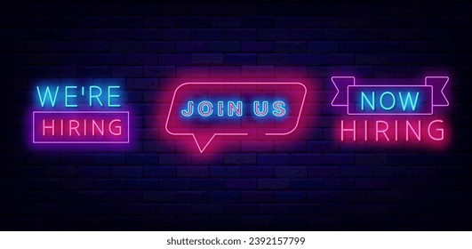 Join us. Free vacancy neon labels collection. Now hiring. Job searching design. Recruitment banner. Glowing flyer. Luminous advertisings set. Editing text. Vector stock illustration