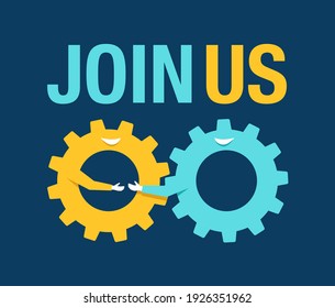 Join Us, hiring and recruting concept - two gears in single mechanism instead of handshaking people. Vector illustration