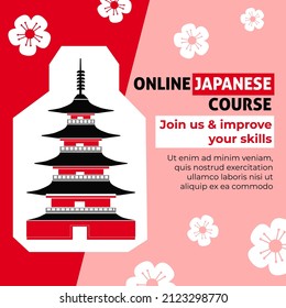 Join Us And Improve Skills, Online Japanese Course And Education Online In Groups Or Individual. Poster With Information For Students, Teaching And Getting To Know Basis. Vector In Flat Style