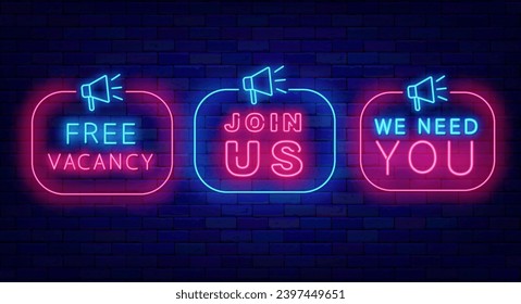 Join us. Megaphone with frame. Free vacancy neon labels collection. We need you. Job searching design. Recruitment banner. Luminous advertisings set. Editing text. Vector stock illustration