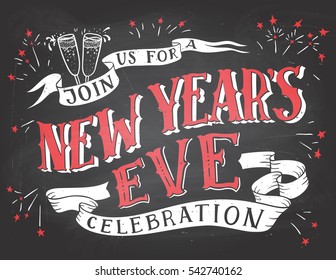 Join us for a New Year's Eve celebration. Holiday hand-lettering chalkboard invitation. Hand-drawn typography on blackboard background with chalk