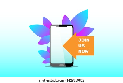 Join us now concept illustration, smartphone with join us text in orange arrow vector illustration