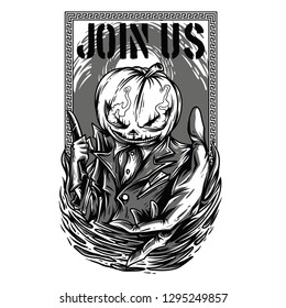 Join Us Pumpkin Black and White Illustration