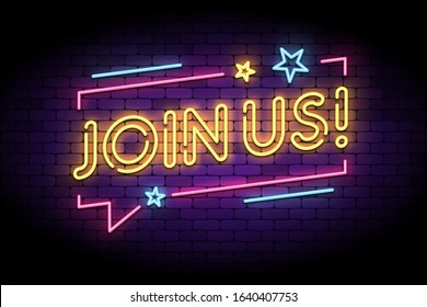 Join us sign in glowing neon style with speech bubble and stars. Vector illustration for follow, join new members in social account.