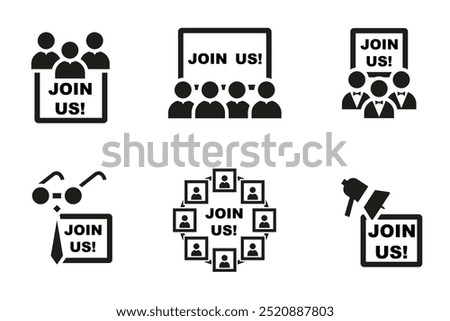 Join us simple badges collection in black. Join us icons
