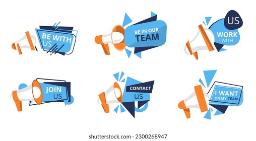 Join us stickers set. Collection of advertising posters and banners. Search for employees and candidate for vacancy, recruitment. Cartoon flat vector illustrations isolated on white background