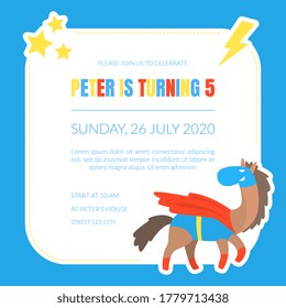 Join Us for a Superhero Party Invitation Card Template with Cute Funny Horse in Cape and Mask Cartoon Vector Illustration