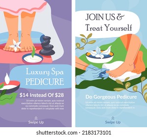 Join Us Treat Yourself In Luxury Spa Salon Procedures, Pedicure And Pampering Fee Skin. Aromatherapy And Wellness, Stone Massage. Promotional Banner, Advertisement Poster. Vector In Flat Style