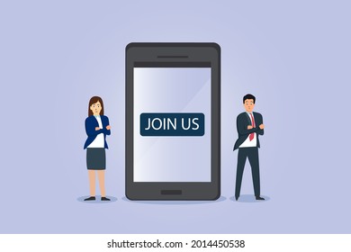 Join Us vector concept. Business team with Join Us text on the mobile phone screen