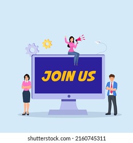 Join Us vector concept. business people standing with Join Us text on the screen