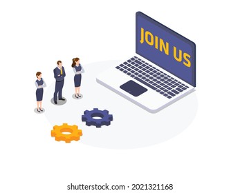 Join Us vector concept. Group of business people standing with Join Us text on the laptop screen