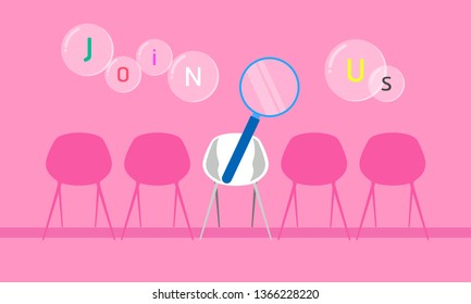 join us. we are hiring and new jobs team members. a chair for candidate. vector illustration eps10