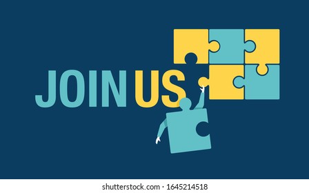 Join Us or We are Hiring staff recruitment concept  - people working team in puzzle metaphor - vector illustration