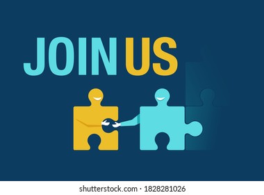 Join Us or We are Hiring staff recruitment concept  - handshaking people working team in puzzle metaphor - vector illustration