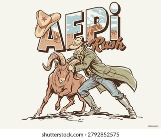 Join the wild west adventure. Vintage graphic design for t shirt. Cowboy wrestling a bighorn sheep with mountain landscape letter art. Retro comic book style vector illustration.