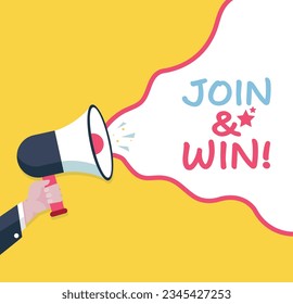 
Join and Win - Male hand holding megaphone. Loudspeaker. Banner for business, marketing and advertising. Vector illustration