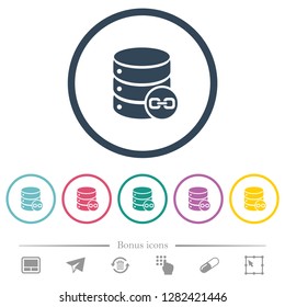 Joined database tables flat color icons in round outlines. 6 bonus icons included.