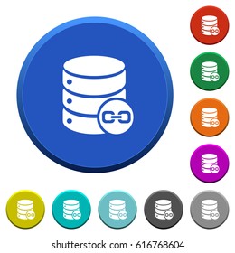 Joined database tables round color beveled buttons with smooth surfaces and flat white icons