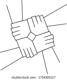 joined hands continuous line art design, four hands united, geometric style, modern simple vector illustration