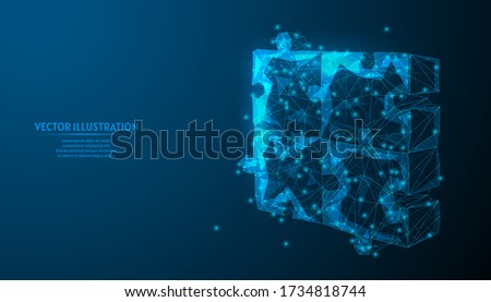 Joined together puzzles close-up. Concept symbol of problem solving, communication, business of the time, team work, cooperation, education. 3d low poly wireframe model isolated vector illustration.