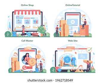 Joiner or carpenter online service or platform set. Wooden furniture