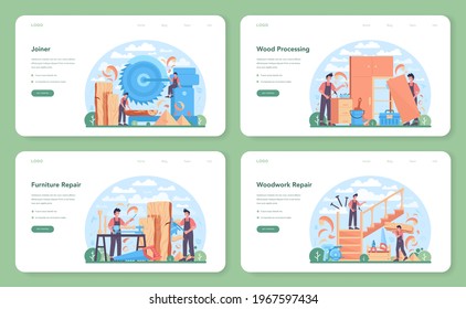 Joiner or carpenter web banner or landing page set. Wooden furniture