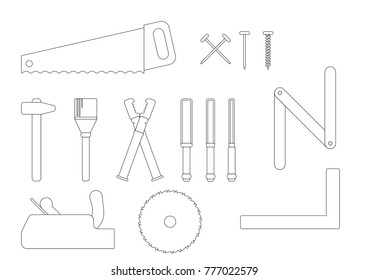 joiner collection, carpenter vector, hammer,  nail, saw, brush, chisel, pincer, ruler, wood, gauge, tool