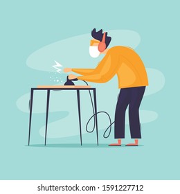 Joiner grinds board. Flat design vector illustration.