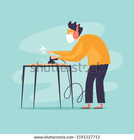 Joiner grinds board. Flat design vector illustration.