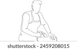 A joiner at work. A carpenter works with a tool on wood. Woodworking. Wood carver. One continuous line. Line art. Minimum one line. White background. One line drawing.