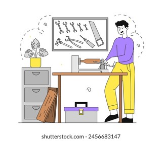 Joiner at workplace simple. Man with tools for woodwork and processing of wooden planks. Carpenter in workshop or studio. Doodle flat vector illustration isolated on white background