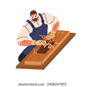 Joiner works with wood planer, manual tool. Carpenter planing wooden plank, timber, hardwood with woodwork instrument, carpentry machine. Flat graphic vector illustration isolated on white background