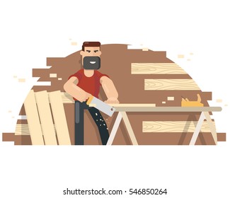 Joiner's bench for sawing boards. Woodworking and carpentry. Vector illustration