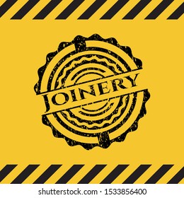 Joinery black grunge emblem, yellow warning sign. Vector Illustration. Detailed.