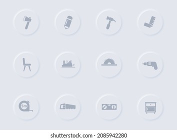 iconos de vectores grises de carpintería en botones de caucho redondo. conjunto de iconos de carpintería para web, aplicaciones móviles, diseño ui y poligrafía de negocios de promoción