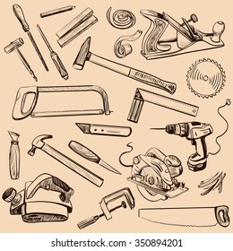 Joinery icons set. Carpenter character at work. Woodworking tools of antique joinery - Craft Woodwork Screwdriver Table Hamme, Carpenter.
