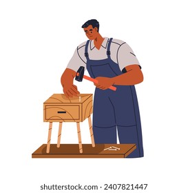 Joinery, making wood furniture. Craft worker, artisan, craftsman during woodwork, creating wooden nightstand. Professional handyman hammers nail. Flat vector illustration isolated on white background