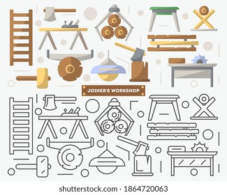 Equipo de taller de carpintería. Herramientas aisladas de carpintero e iconos de silueta de muebles de madera. Ilustración vectorial de carpintería y carpintería