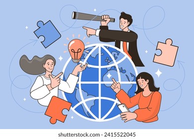 Joining forces. The team creates ideas with light bulb and jigsaws. creative teamwork. big idea business inspiration problem solution concept. innovation vector illustration.