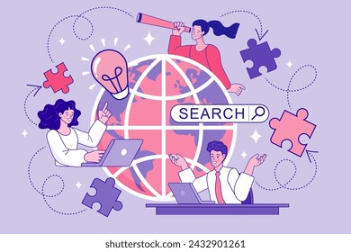 Uniendo fuerzas. El equipo crea ideas con bombillas y sierras de calar. trabajo en equipo creativo. concepto de solución de problemas de inspiración empresarial de gran idea. ilustración vectorial de innovación.