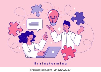 Joining forces. The team creates ideas with light bulb and jigsaws. creative teamwork. big idea business inspiration problem solution concept. innovation vector illustration.