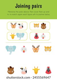 Joining pairs Educational Sheet. Primary module for Memory. 5-6 years old. Educational Sheets Series