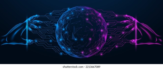 Joining a virtual global network. Connecting to the metaverse. Polygonal design of interconnected lines and points.