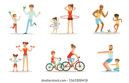 Joint Activity Of Parents And Children, Sports And Exercises Vector Illustration Set Isolated On White Background