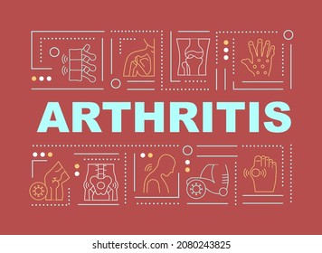 Joint arthritis word concepts banner. Joint inflammation and swelling. Infographics with linear icons on red background. Isolated creative typography. Vector outline color illustration with text