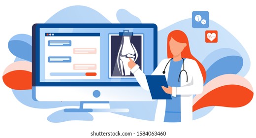 Joint, Bone Health Action Week. Osteoporosis world day, osteoarthritis anatomical. Joint pain, fragility of lower leg. Doctor looking at x-ray shot on computer screen. For banner, landing page, flyer