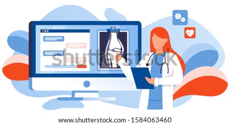 Joint, Bone Health Action Week. Osteoporosis world day, osteoarthritis anatomical. Joint pain, fragility of lower leg. Doctor looking at x-ray shot on computer screen. For banner, landing page, flyer
