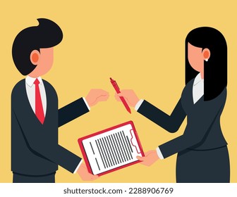 Joint business agreement form. Business woman passing contract document with pen to his client business man for signature